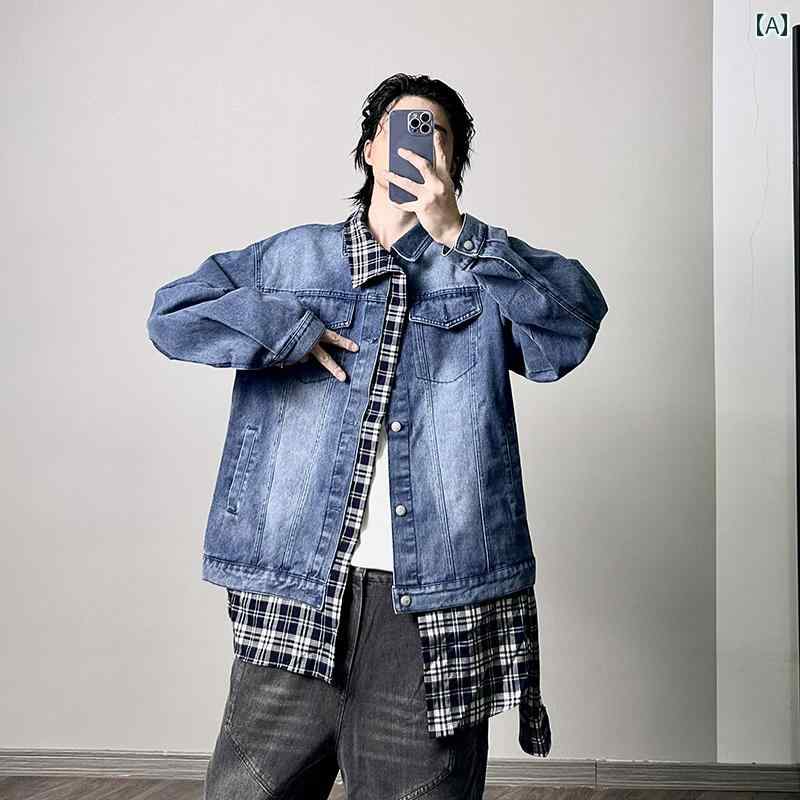 アウター メンズ カジュアル おしゃれ ダメージ 加工 ステッチ フェイク セットアップ デニムジャケット トレンディ