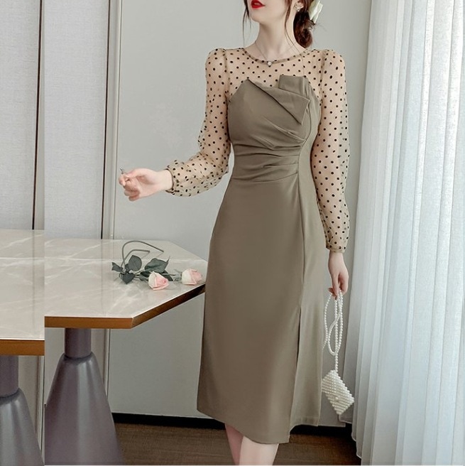 ドット柄メッシュ 異素材ミックスドレスワンピース ロングタイトドレス サイドスリット入りタイトワンピースドレス ワンピース オールインワン ロングスカート タイトスカート ワンピドレス ロング