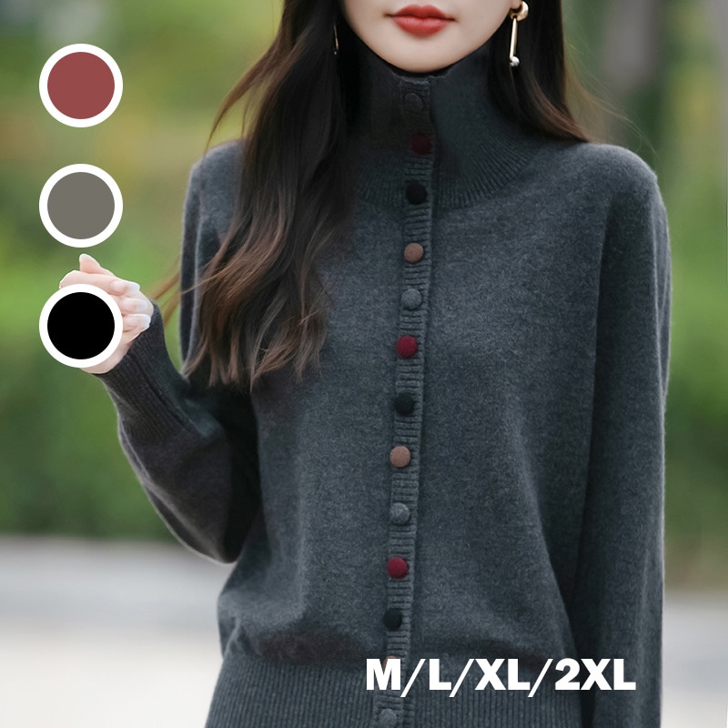 レディース 秋冬 厚手 ニット立ち襟 カーディガン フェイクウール 長袖