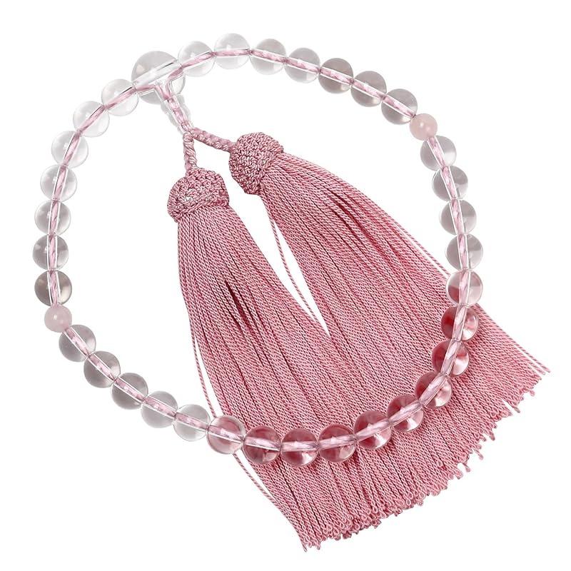 喜芳工房 女性用 数珠 念珠 京念珠 水晶 8mm玉 ローズクォーツ天玉 すべての宗派で使える 片手略式 ピンク/正絹房 化粧箱入 証明書付