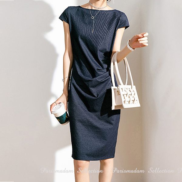 新入荷！タイトワンピース　伸縮素材　デニム　通勤フレンチスリーブ　ひざ丈　ほっそり効果大 20代30代40代50代60代　ミセス