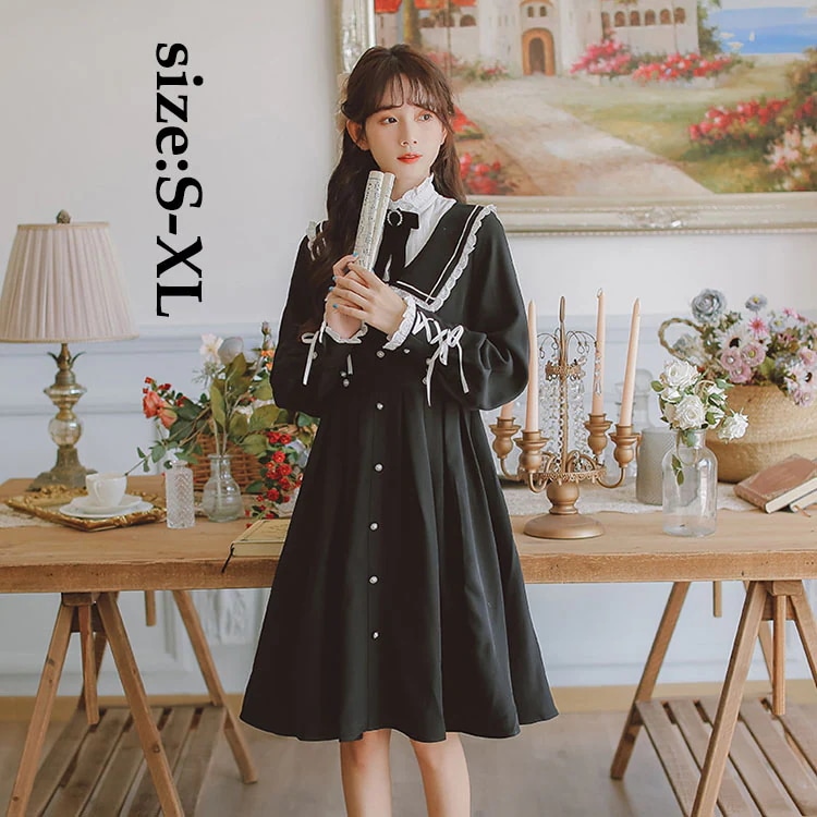 ワンピースドレス レディース ドレス ワンピース Lolita 長袖 可愛い オシャレ レース フレア リボン お洒落 立ち襟 Aライン ワンピース 着痩せ 20代 30代 10代 きれいめ 華麗風