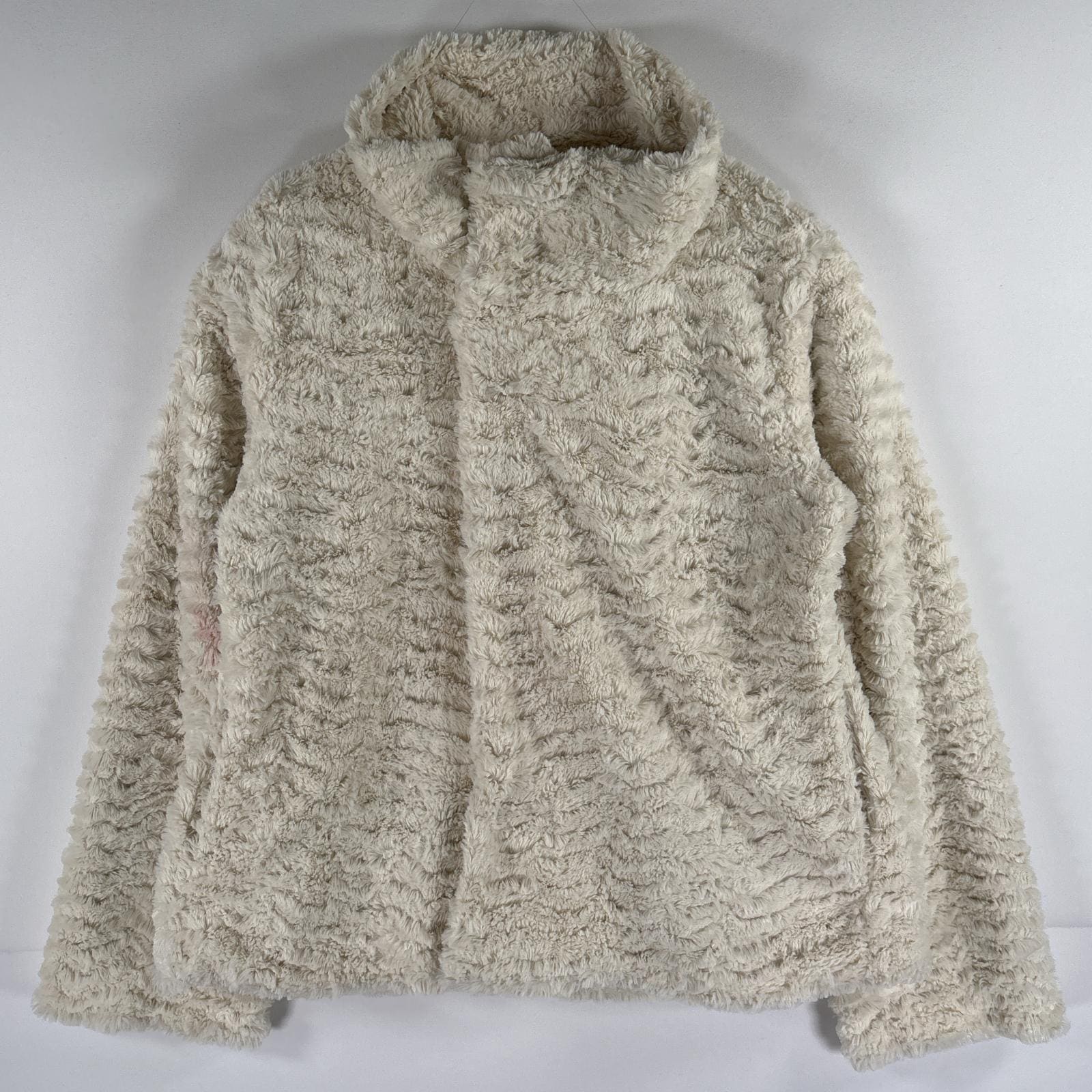 古着 ファージャケット フリース ボア フルジップ スナップボタン アイボリー M ホワイト レディース