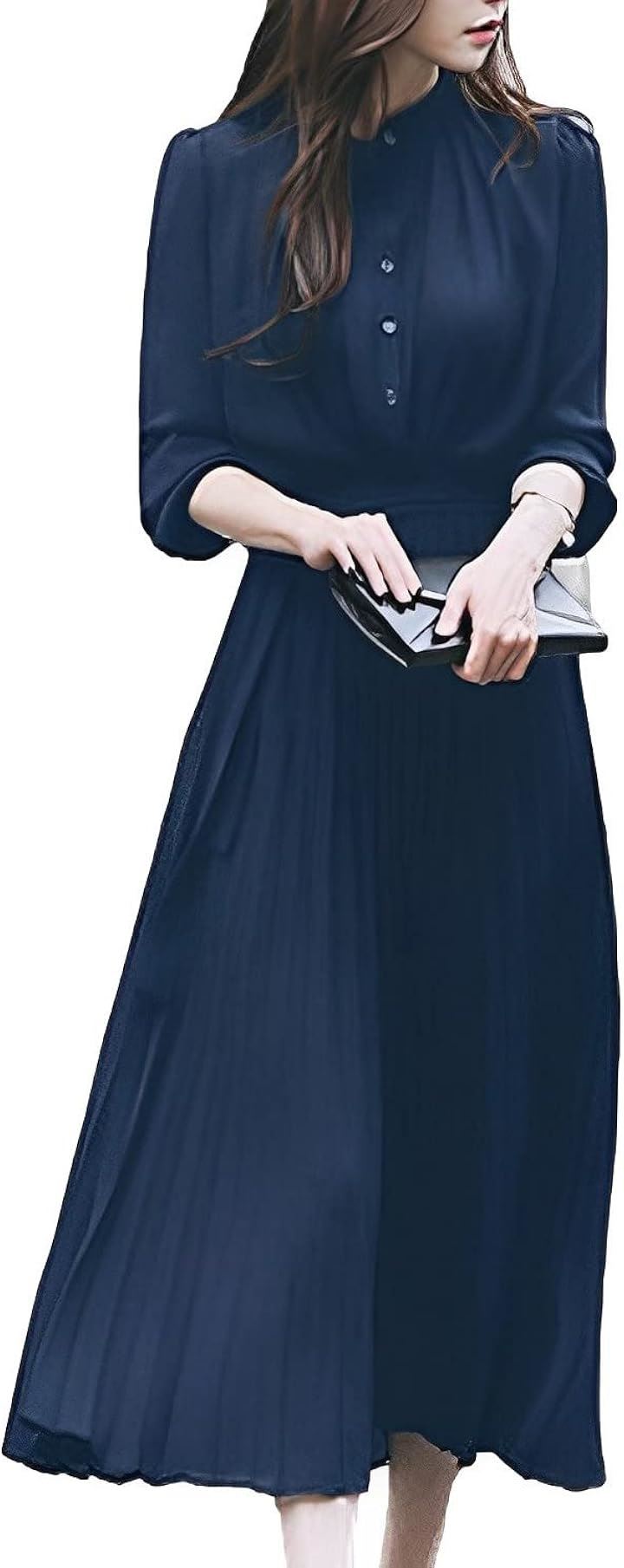 上品 プリーツ ロング ワンピース レディース 長袖 きれいめ ハイウエスト ドレス ロングワンピ フォーマル セミフォーマル リボン ロング丈 大きいサイズ(ネイビー, L)