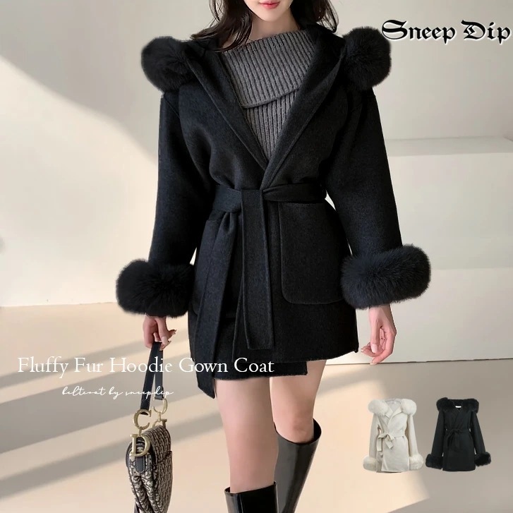 ファーフーディーコート ジャケット アウター ひざ上 フーディー 秋冬 無地 秋冬 SneepDip コート ふわもこ フェイクファー エコファー かわいい きれいめ ハーフコート 袖ファー ウエス