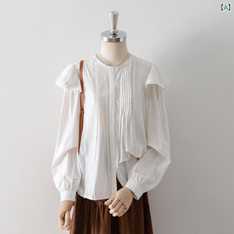 レディース シャツ ブラウス 長袖 春秋 フレンチレース 白 黒 レースアップ プリーツ 肩フリル エレガント ヴィクトリアン デザイン性 上品 フェミニン 個性的 飛び袖