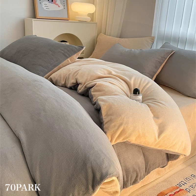グレー ツートーン シンプル 無地 ミルク ベルベット 冬用 布団カバーセット ベッドカバー 寝具カバー シングル ダブル クイーン ベッドリネン ぬくぬく おしゃれ 韓国インテリア 70PARK