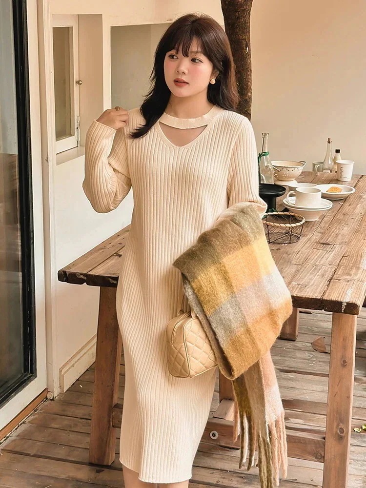 2024新入荷 冬のワンピース ニットワンピース 大きいサイズv襟掛け首の透かし彫り 冬モデル太ったmm ロングワンピース レディース 韓国 春 秋 冬