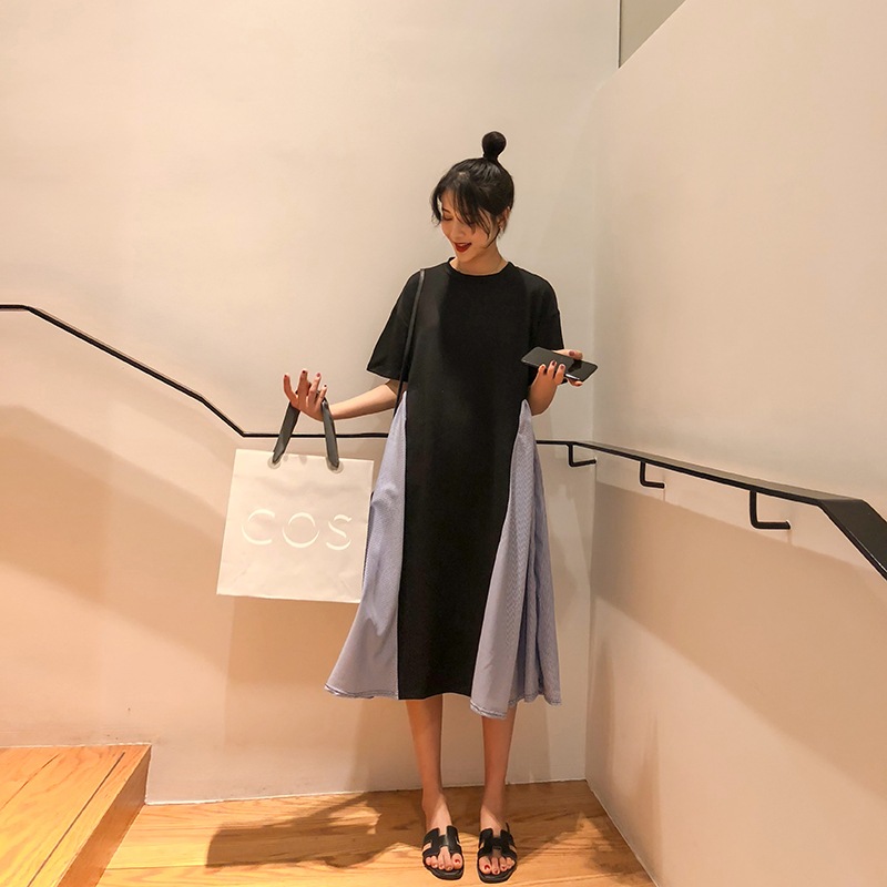 ワンピース 大きいサイズ レディースファッション 春 夏 ミモレ丈 ロング丈 無地 ストライプ 半袖 ラウンドネック XL 2XL 3XL 4XL ドッキングデザイン 切り替えデザイン