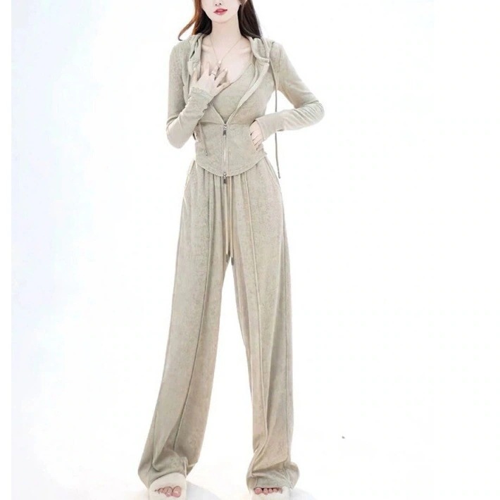 ハイエンドのカスタマイズ-2024春新作レディース韓国風ソルトスタイルカジュアルスポーツカーディガンサスペンダー痩身ワイドレッグパンツ3点セット 4,971円