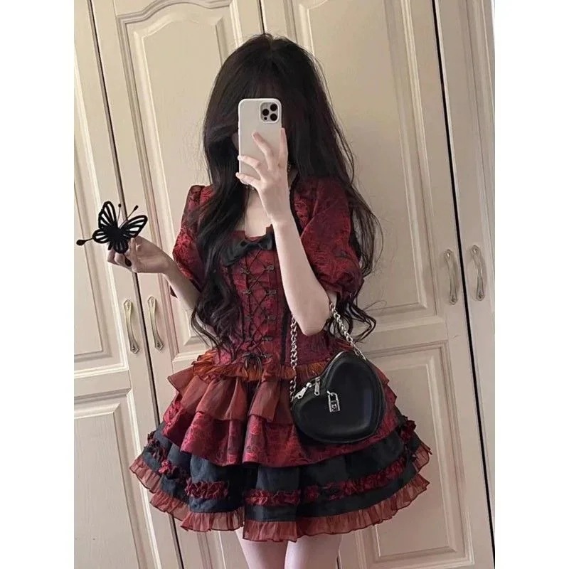 ダーク系ロリータプリンセスチュチュスカートスーツサマーパフスリーブショートコートブロリケーキスカート