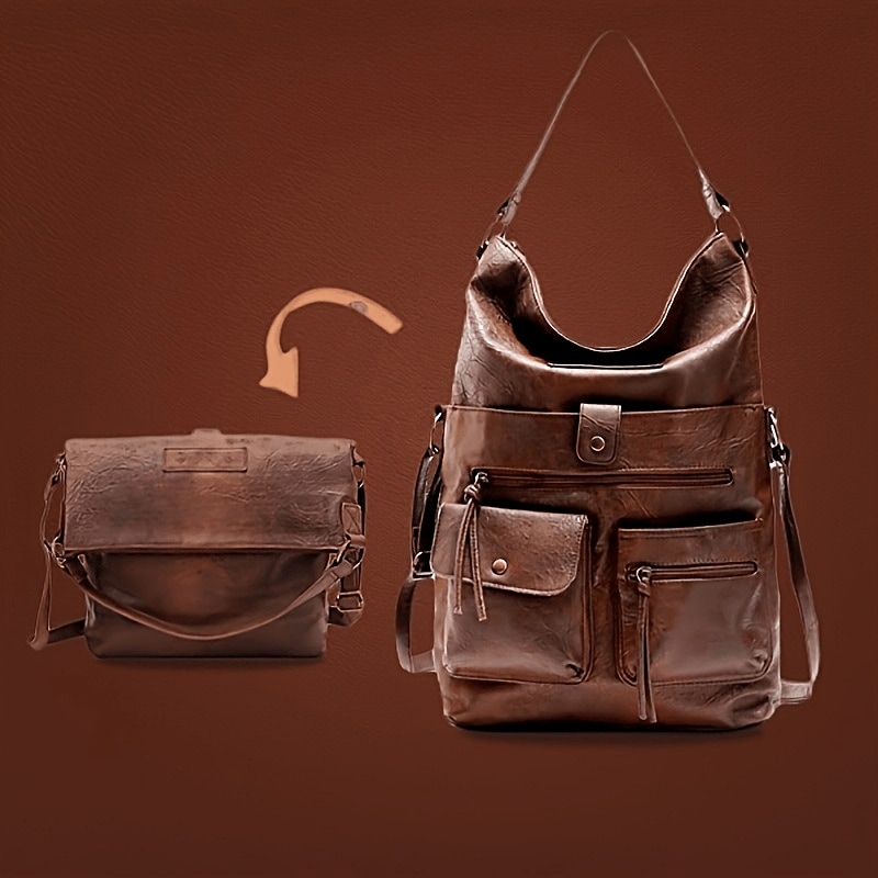 上品な折りたたみクロスボディバッグブラウンファスナー式多機能ポケット