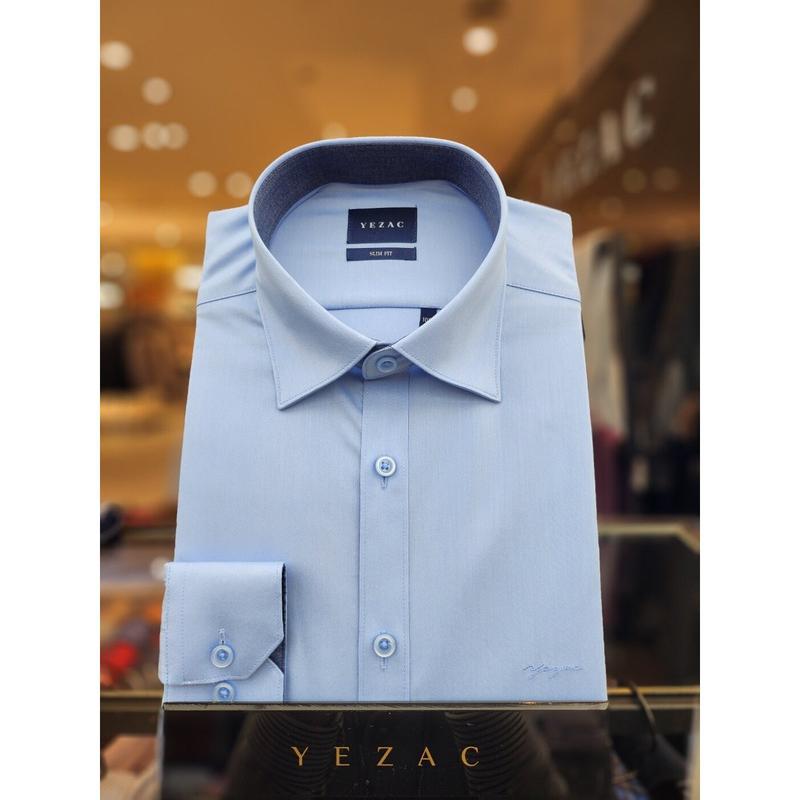 AK平沢店シャツ ストレッチ ソリッド配色ポイント スリムフィットシャツ ブルー
