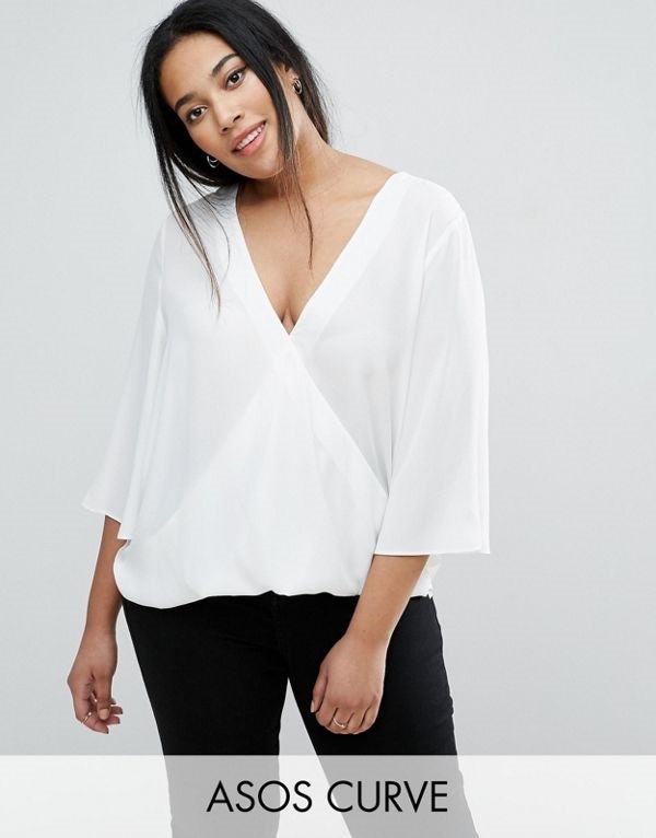 ASOS エイソス レディース 大きめサイズ ゆったりサイズ 送料無料 White CURVE Drape Wrap Top With Fluted Sleeve