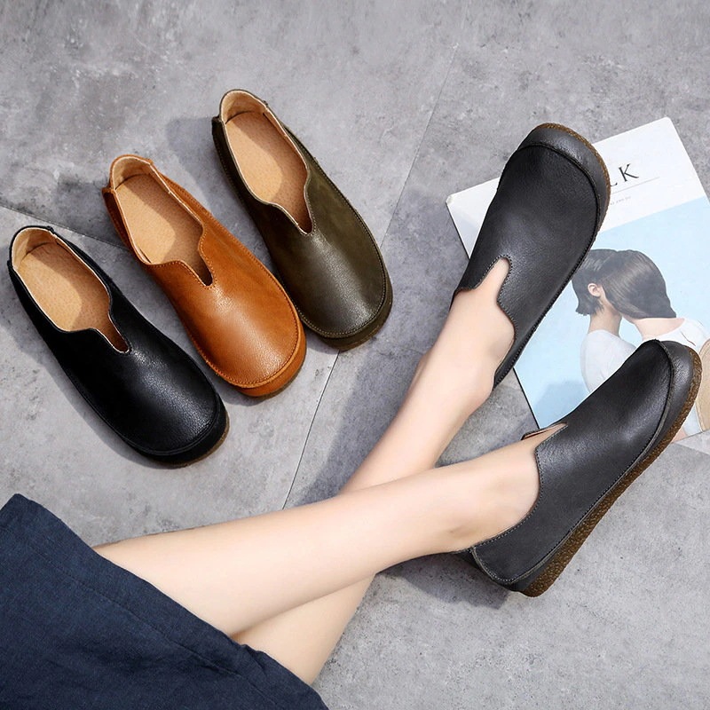 【新品限定】部分即納 本革 フラットシューズ 4色全 牛革 トップクラフト 丸い頭 復古 婦人柔らかい 軽量 通勤OL 通学歩きやすい 痛くない 疲れない 外反母趾 幅広 ぺたんこ 母の日 美脚 ミュ