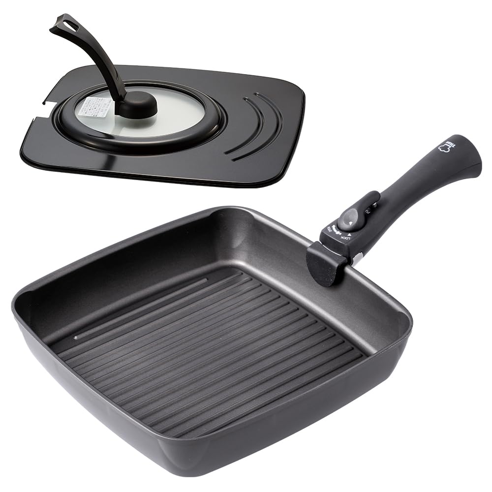 アイメディア(Aimedia) 魚焼きパン フライパンセット 3点 (スクエアパン/蓋/脱着ハンドル) グリルパン 魚焼きグリル ホットプレート 着脱式取っ手 チタンシェフ 取っ手が取れる IH対応