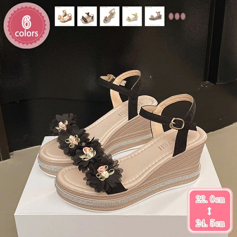 1000円OFFクーポン ウェッジヒールサンダル 花 お洒落 ジュート ヒールサンダル レディース ストラップ サンダル リボン 可愛い エレガント ハイヒール 9センチ 美脚サンダル カジュアルサン