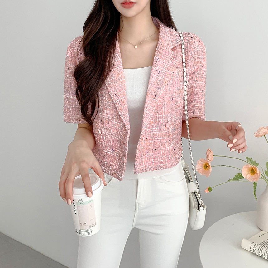 レディース ジャケット スーツ アウター 上着 羽織 前開き テーラードジャケット ショート 5分袖 パフスリーブ 袖あり Vネック 襟付き 細身 フェミニン コンサバ くるみボタン 配色 中厚手