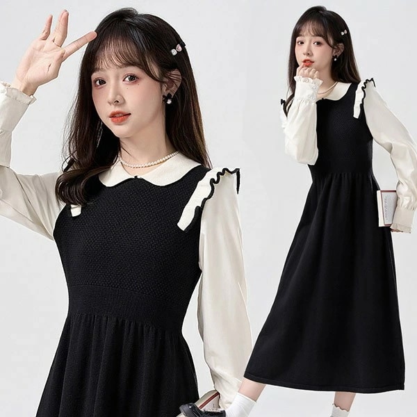 ワンピース 長袖 ロング丈　可愛い ブラック 春 ニット グリーン Aライン レディース 柔らか お洒落 保温 通勤 普段着 デート ei252t2