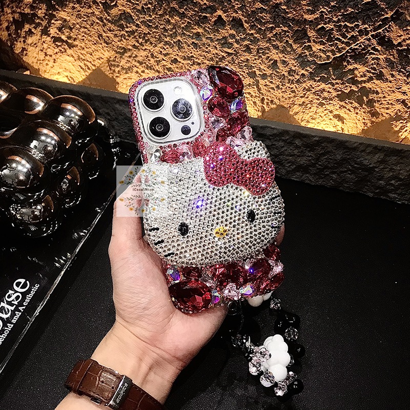 ハンドメイド iPhoneケース 3D ハローキティ ローズレッド キラキラのラインストーン iPhone17/16/15/14/13/12ケース Plus Pro Max デコ電ケース