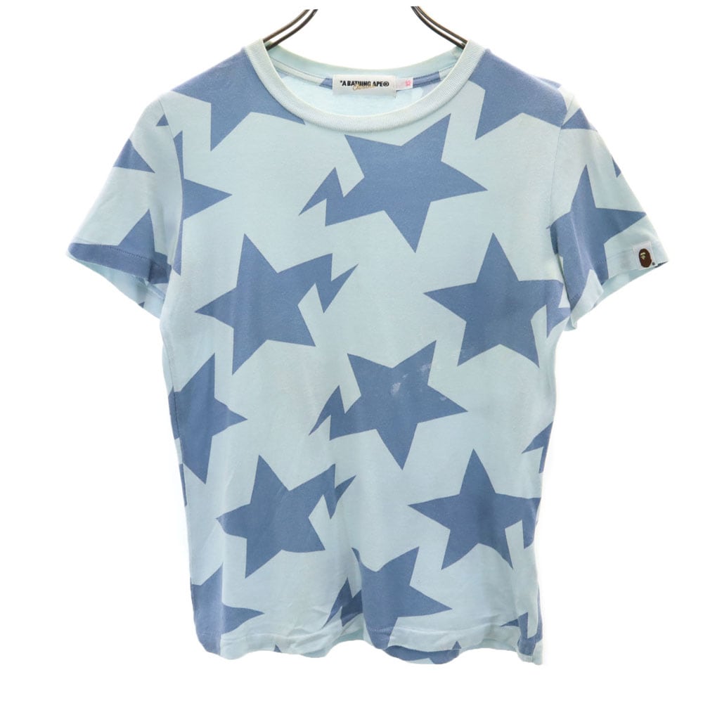 日本製 総柄 半袖 Tシャツ XS ブルー系 レディース