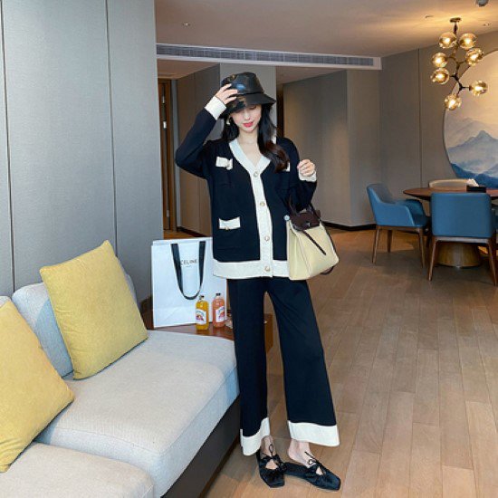 【取寄：納期2週間】ニットセットアップ レディース トップス カーディガン ボトムス ワイドパンツ 上下セット 2点セット ツーピース コントラストカラー ゆったり カジュアル お出掛け