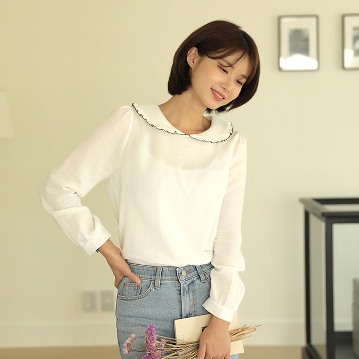 [韓国ファッション] フリル付きラウンド襟 コットンブラウス