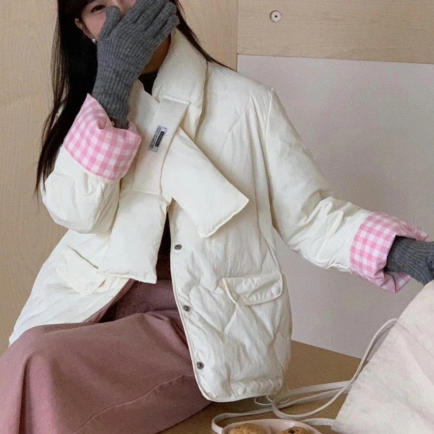 マフラー型 レディース ダウンジャケット ショート チェック拼接袖 冬 デザイン性 防寒