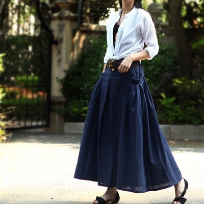 3276．フレアカジュアルボトムス(ネイビー) 2019春夏　マキシ丈　大人カジュアル　ロング丈　タックスカート　お出かけ お呼ばれ　女子会　普段使い