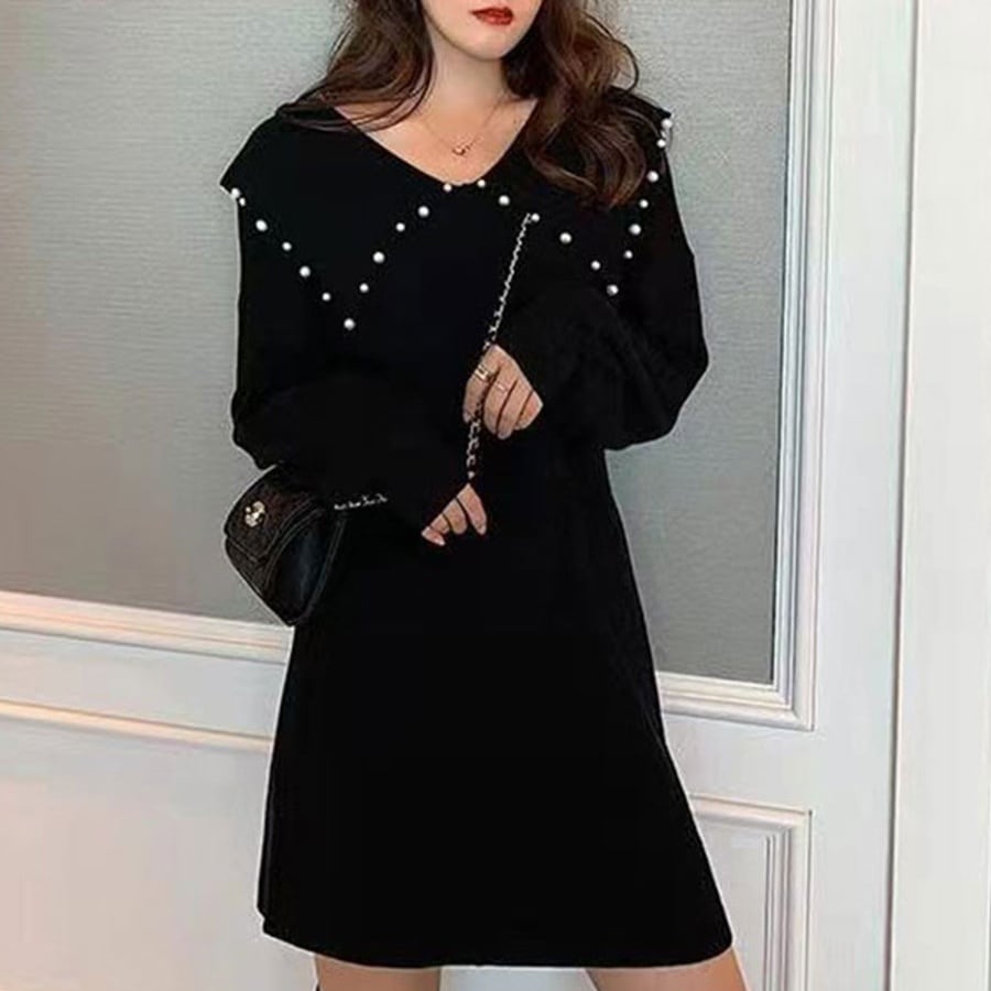 ワンピース ミニワンピース ニットワンピース 長袖 襟付き ビックカラー 萌え袖 ミニ丈 ビジュー かわいい 大人可愛い きれいめ シンプル 上品 おしゃれ カジュアル こなれ感 個性的 主役級