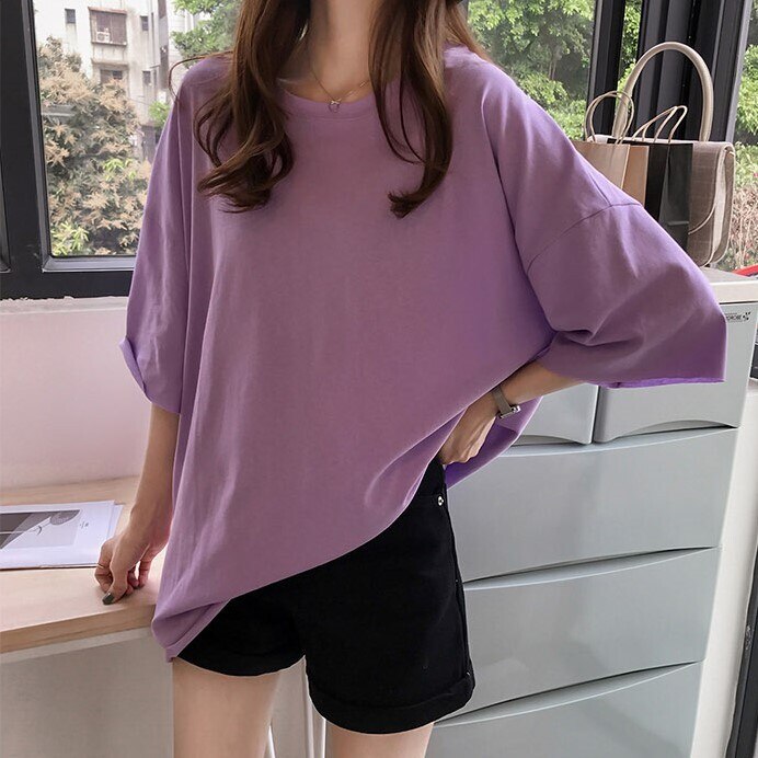 7色 トップス Tシャツ レディース 春夏 かわいい 半袖 大きめ 五分袖 ボリューム袖 Uネック ラウンドネック 襟なし BIGシルエット プルオーバー 黒 ブラック 青 ブルー 紫 パープル 黄色