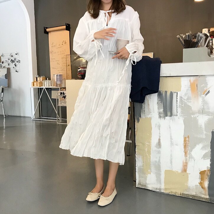 2色 レトロ風 ワンピース 長袖 春 夏 きれいめ カジュアル かわいい フォーマル aライン Aライン フレア ティアード ワンピドレス ミディアム丈 ミドル丈 ぽわん袖 キャンディスリーブ Uネッ