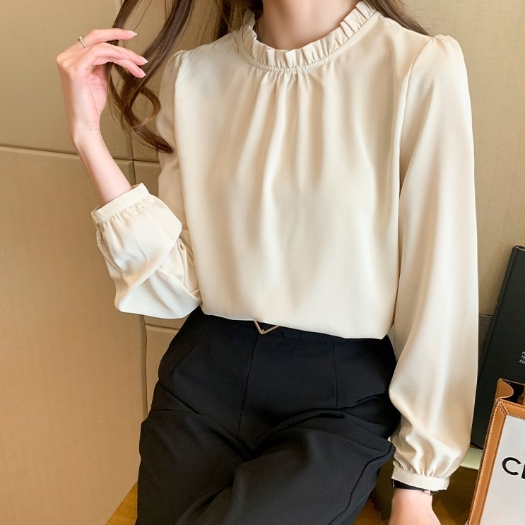 トップス シャツ カットソー シフォンシャツ ルーズシルエット 立ち襟 パフスリーブ フリル 袖あり 長袖 襟なし 大人可愛い きれいめ シンプル 大人 おしゃれ お洒落 かっこいい 大人女子