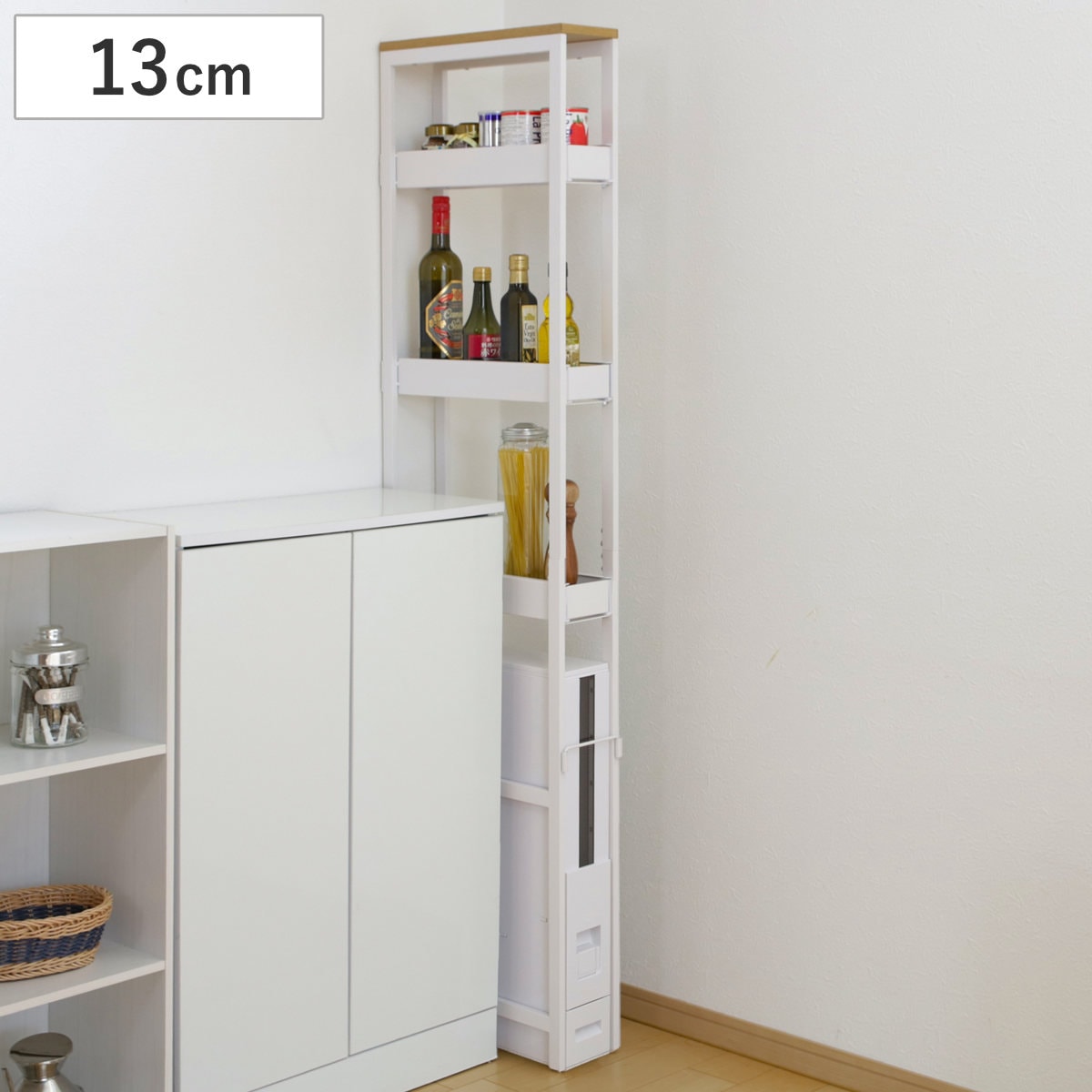 キッチンラック 木天板 すき間米びつ 幅13cm アジャスター付き 天板付き スリム 隙間収納 すき間 隙間 収納 キッチン 米びつ キッチンストッカー キッチンワゴン ストッカー 米びつ上