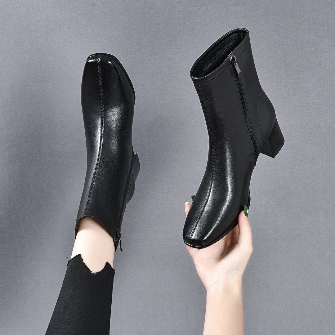 スクエアトゥチェルシーブーツレディース秋冬シンプルでなデザインストレートブーツミドルヒールヒールレザーブーツレディースブーツ