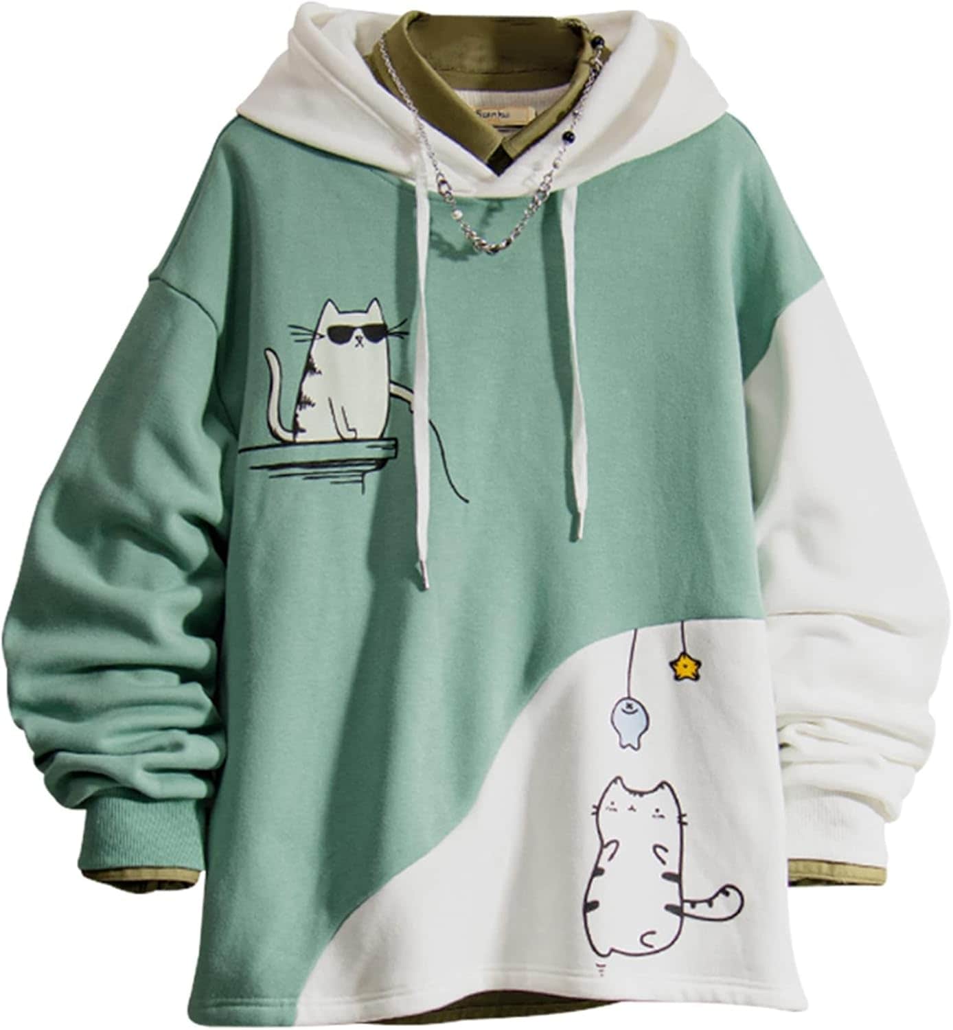 パーカー トレーナー 男性用 ねこ柄 プリント 切り替え ちょいワル 個性的 フード付き 長袖 カジュアル シンプル クール 丈長め 体型パカー 秋服 プルオーバー 肌触りがいい オシャレ
