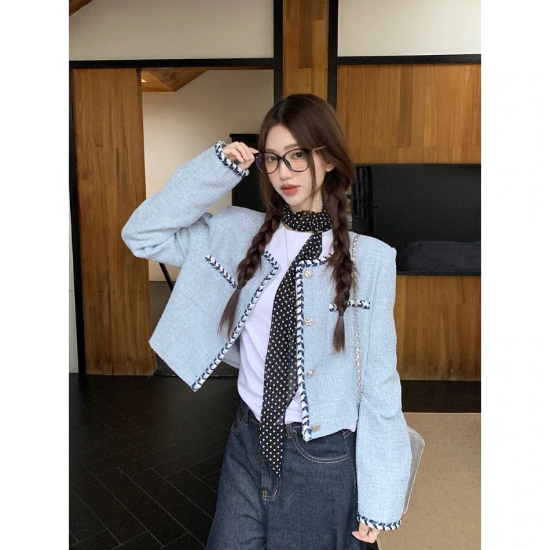 （細工が凝っている）2025年秋の女性のための青い小さなフレーバースタイルのジャケット新しいフランスのハイエンドの気質短縮トップトレンディ 7,120円
