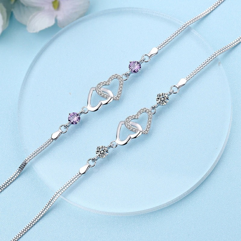 ブレスレット レディース ハート ダブルハート 2粒 ハートモチー 2色 白 紫プラチナ仕上げ シルバー925 人気 彼女 妻 女性 誕生日プレゼント キラキラ