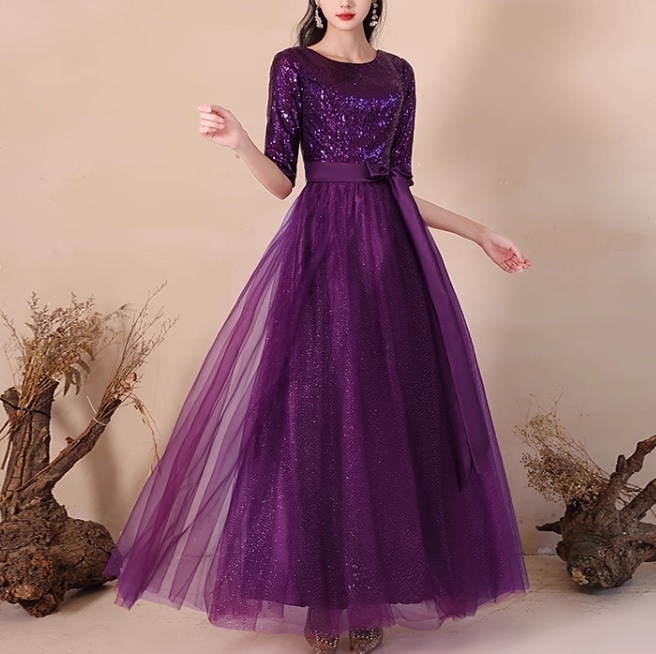 ドレス ワンピース パーティー 演奏会 発表会 ステージ 舞台 フォーマル ダンス 衣装 コスプレ コスチューム 演劇 マキシ 5分袖 Uネック ラウンドネック プリンセスライン フレア Aライン