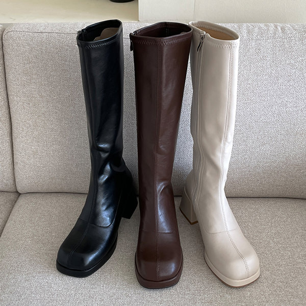 ロングブーツ オブリークトゥ サイドジップ レディース