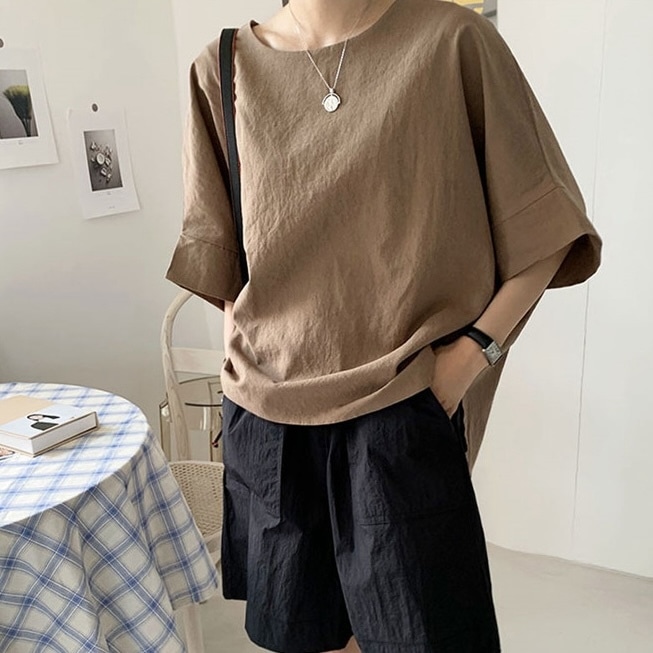 レディース トップス カットソー 半袖 ラウンドネック 襟なし ワイド 綿 麻 大人可愛い きれいめ シンプル カジュアル 上品 こなれ感 ラフ マニッシュ ナチュラル 無地 春 夏 通勤 学生