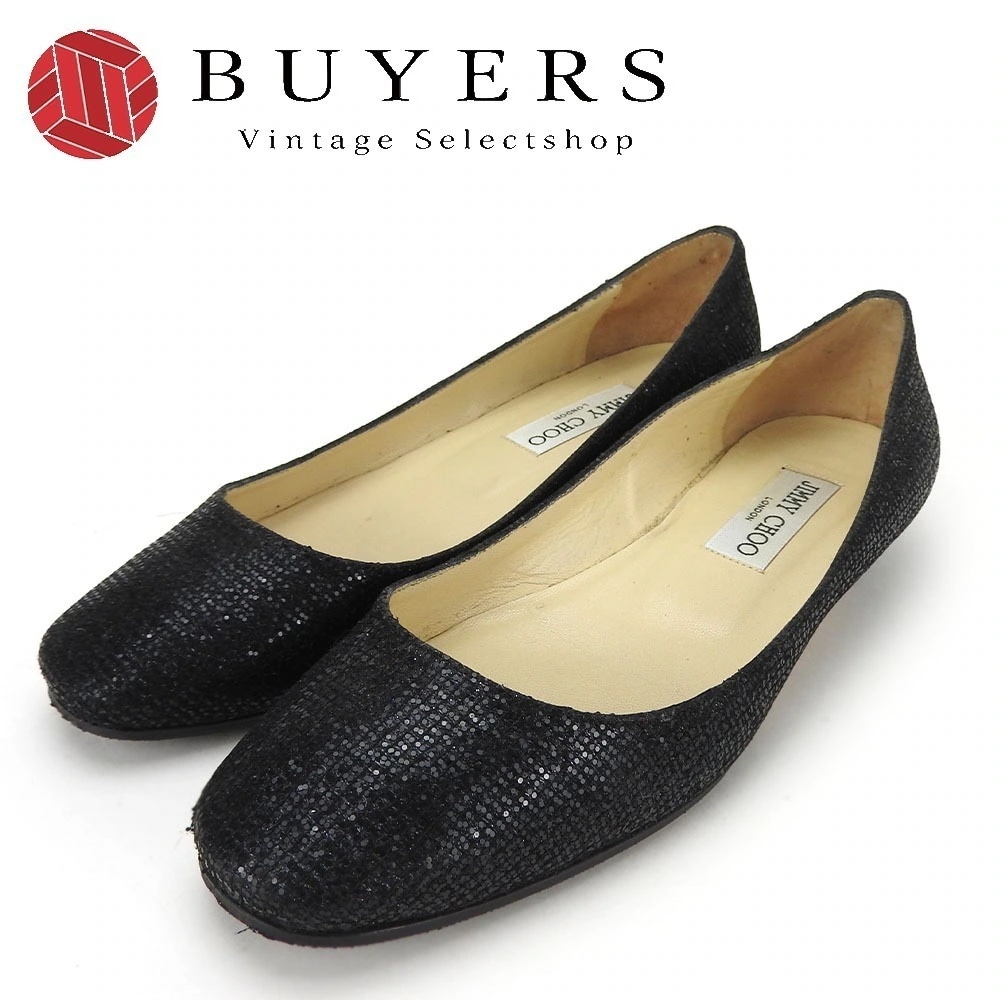 中古 パンプス 36 1/2 グリッターキャンバス ブラック ローヒール 約23.5cm レディース 女性