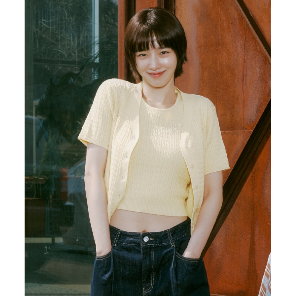 SATUR (W) ケーブルニットハーフカーディガンイエロー