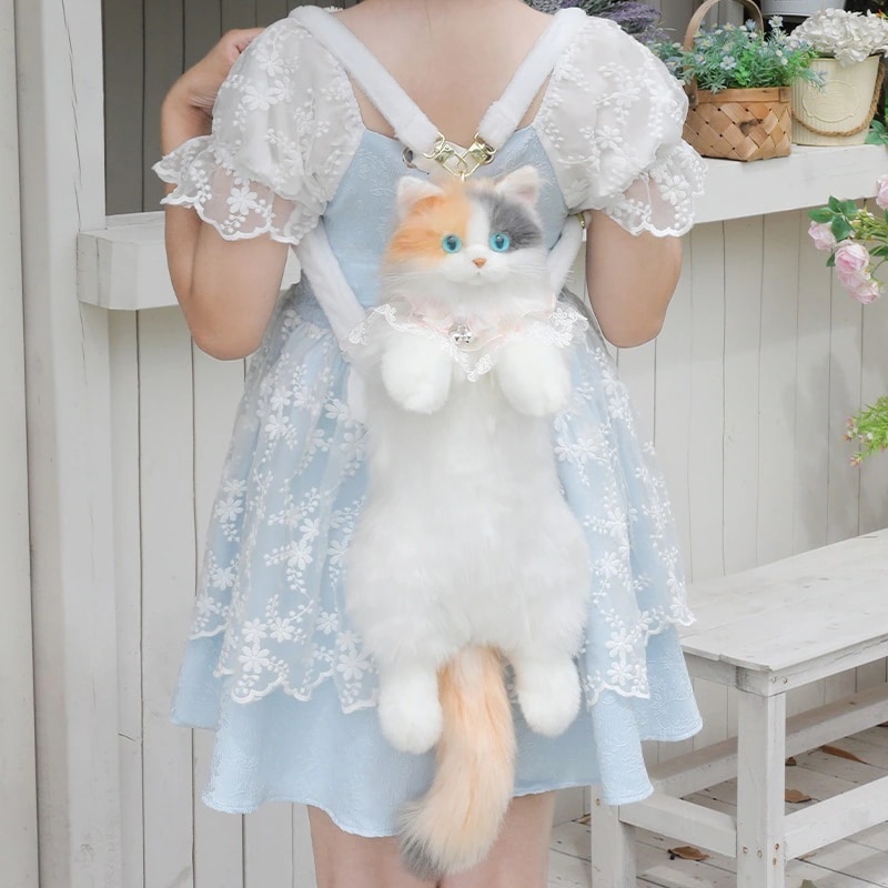 （ライトなし） 三つ花柄の猫のリュックサックリアルなぬいぐるみリュックかわいい人形のおもちゃ誕生日プレゼント