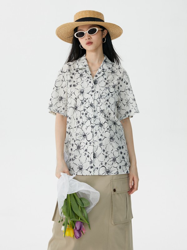 オモント エッグタルト キューバカラー 花柄シャツ レディース 夏新作 レトロ ゆったり 半袖 シャツ トップス