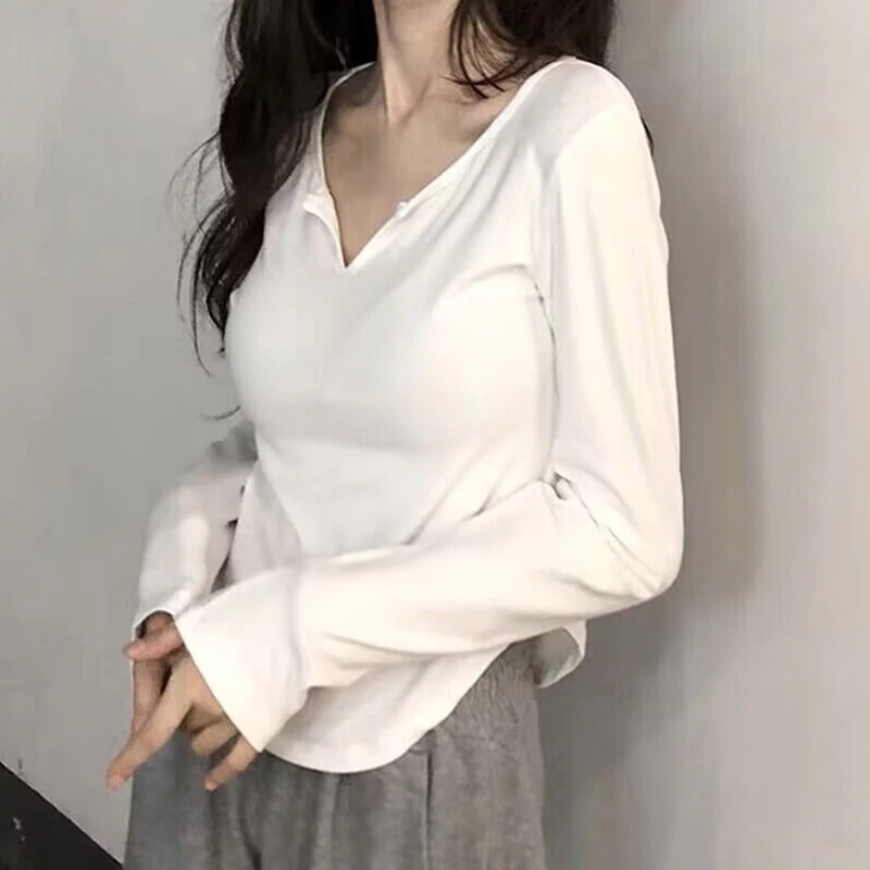 カーブヘム長袖tシャツレディース糸入りコットン初春秋韓国風万能スリムvネックトップスtシャツ