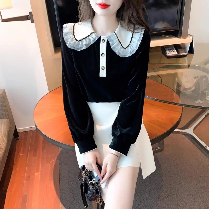 レディース トップス カットソー レース モノトーン 上品 ガーリー フェミニン シンプル キレイめ 大人かわいい キュート レトロ 長袖 ブラック ホワイト 20代 30代 40代