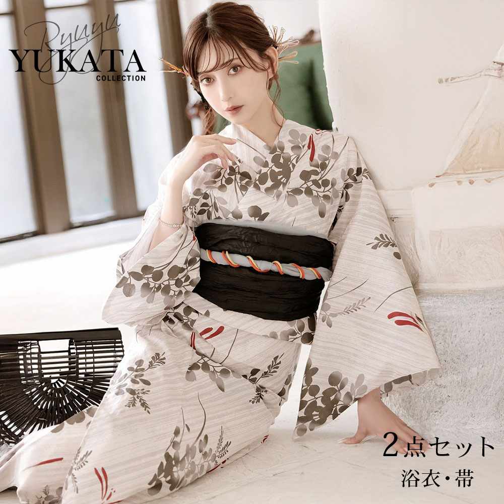 浴衣 グレー 古典柄 小花柄 ストライプ 大人浴衣 セット浴衣 おしゃれ 大正ロマン 色気 セクシー Ryuyu