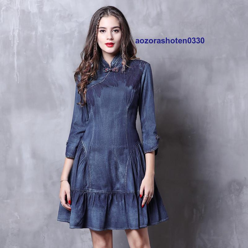 デニムワンピース レディース ワンピース デニム 七分袖 チャイナドレス 刺繍 ボリューム フレア aライン アオザイ 膝丈ワンピース リゾート