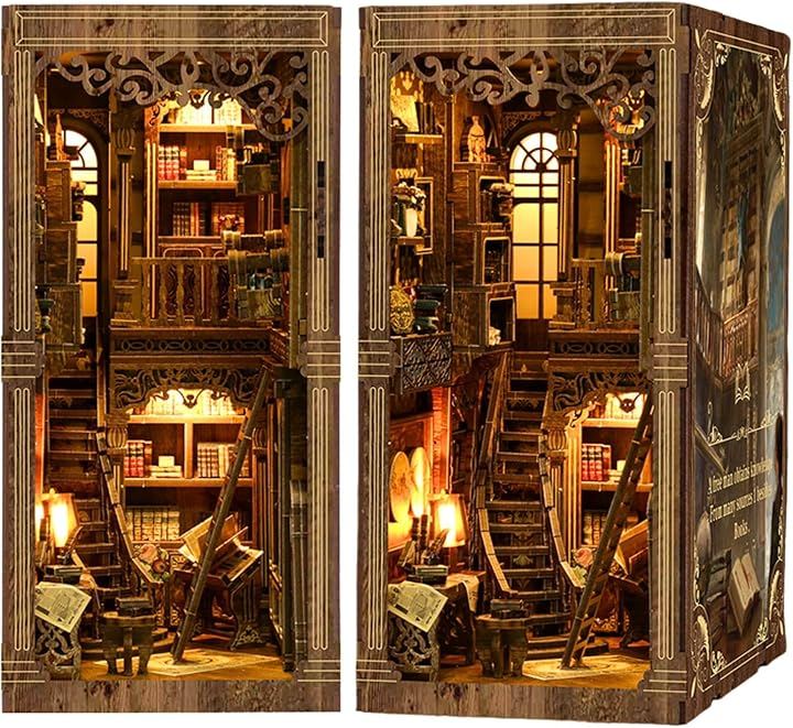 ブックヌック キット ドールハウス ミニチュア LEDライト付き 立体パズル 木製 ウッドパズル 本棚 DIY 手作り (街角の古書店)